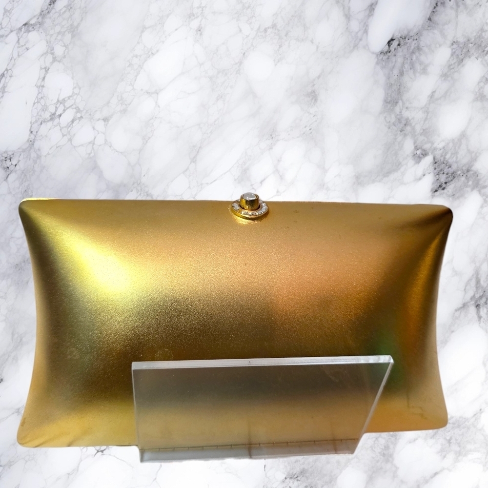Gold Metallic Evening Clutch Bag Rhinestone Clasp Chain Strap Statement Party Pu